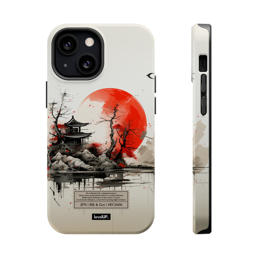 012 Japanese Art iPhone MagSafe Case | Black and White with Red Accent, Color, Japan Art, Building, Sun, Moon, Water, Tree, Birds